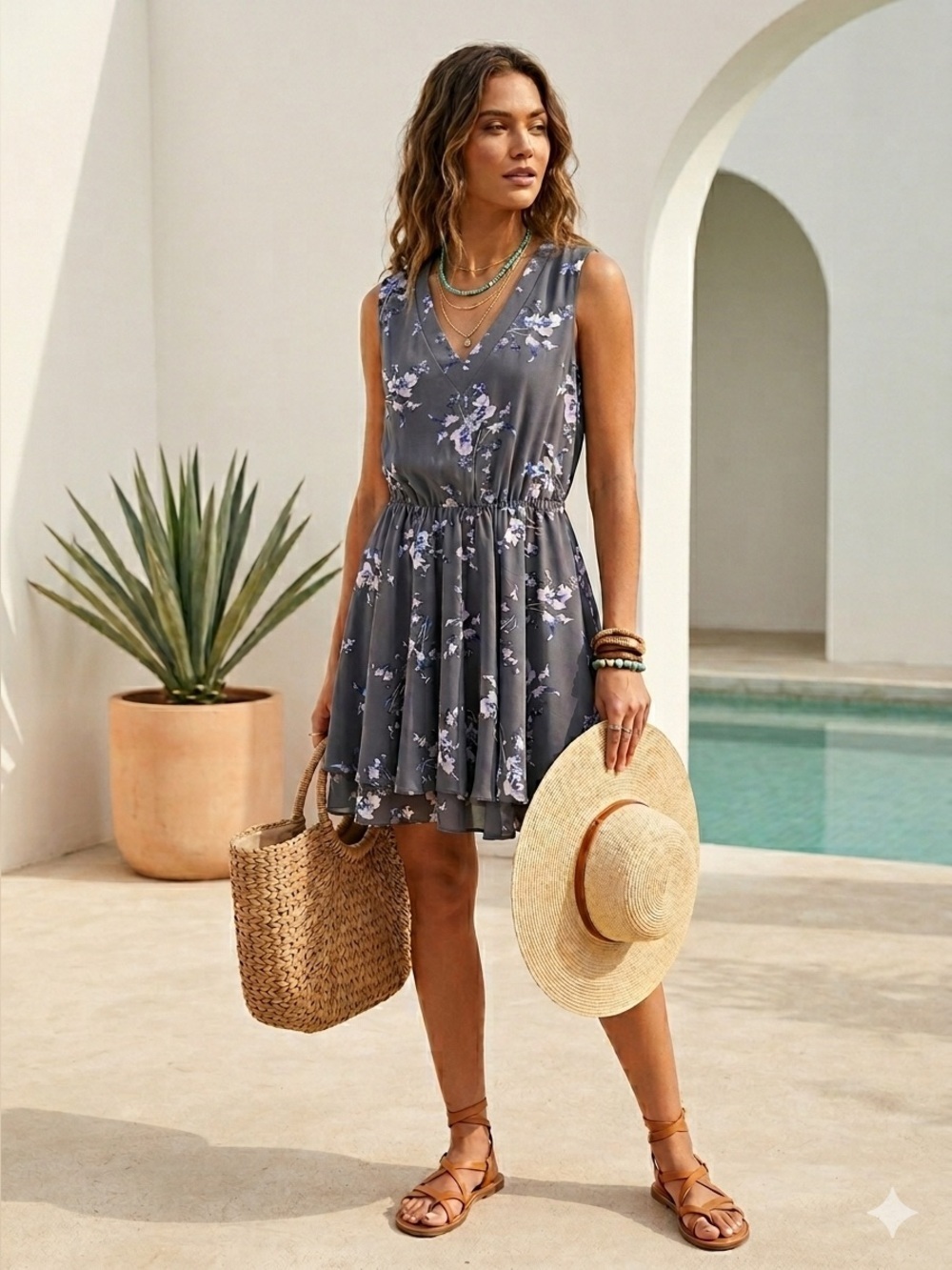 Rebecca Taylor gray silk floral v-neck sleeveless dress - size 8 (Medium)